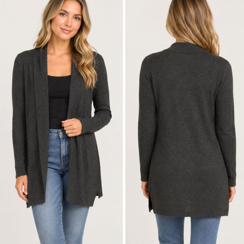 Max Studio Dark Gray 100% Extrafine Merino Wool Open Front Cardigan Sz S